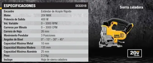 SIERRA CALADORA DEWALT 20 V MAX INALAMBRICA DCS331B - FOTO 6