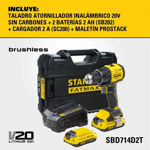 TALADRO ATORNILLADOR STANLEY SBD714D2T-AR 20V BRUSHLESS + 2 BATERÍAS + CARGADOR + MALETÍN - FOTO 2