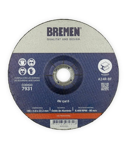 DISCO DE DESBASTE 7" (180X4.8X22MM) [5 UNID]  BREMEN® (7931)