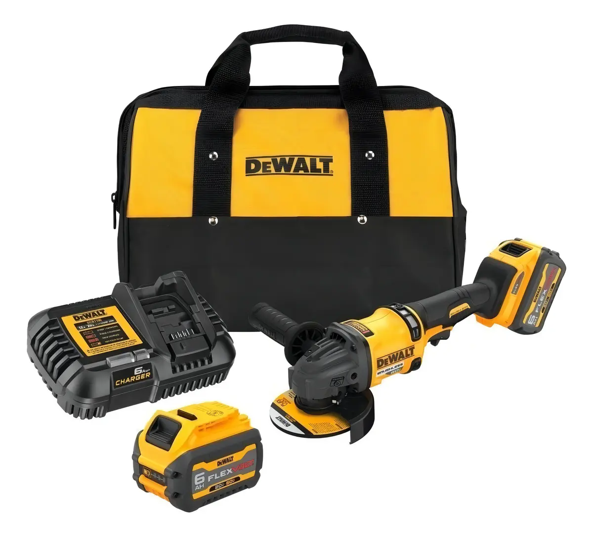 AMOLADORA ANGULAR INALÁMBRICA DEWALT FLEXVOLT DCG418T2 60V 1700W POTENTE Y PRECISA INCLUYE 2 BATERÍAS FRENO AUTOMÁTICO EMBRAGUE ELECTRÓNICO AMARILLO