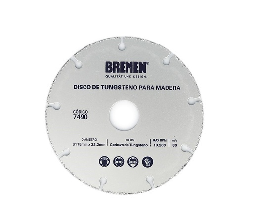 DISCO DE TUNGSTENO PARA MADERA (115MM X 22,2MM) BREMEN® (7490)