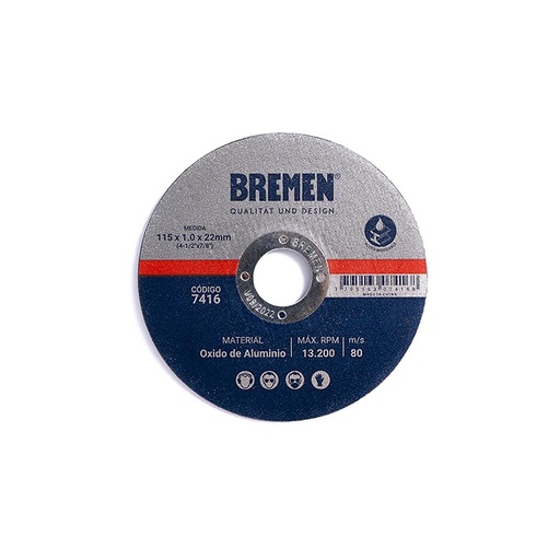 DISCO DE CORTE 4-1/2" (115X1.6X22MM) OX. ALUMINIO [25 UNID] BREMEN® (7418)