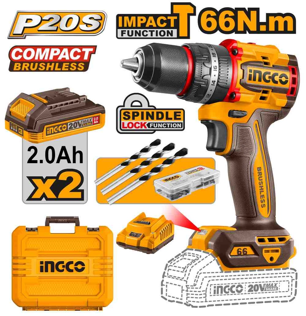 TALADRO 66NM CON PERCUTOR A BATERIA 20V KIT CON 2 BATERIAS , CARGADOR Y ACCESORIOS INGCO (CIDLI20668-4)
