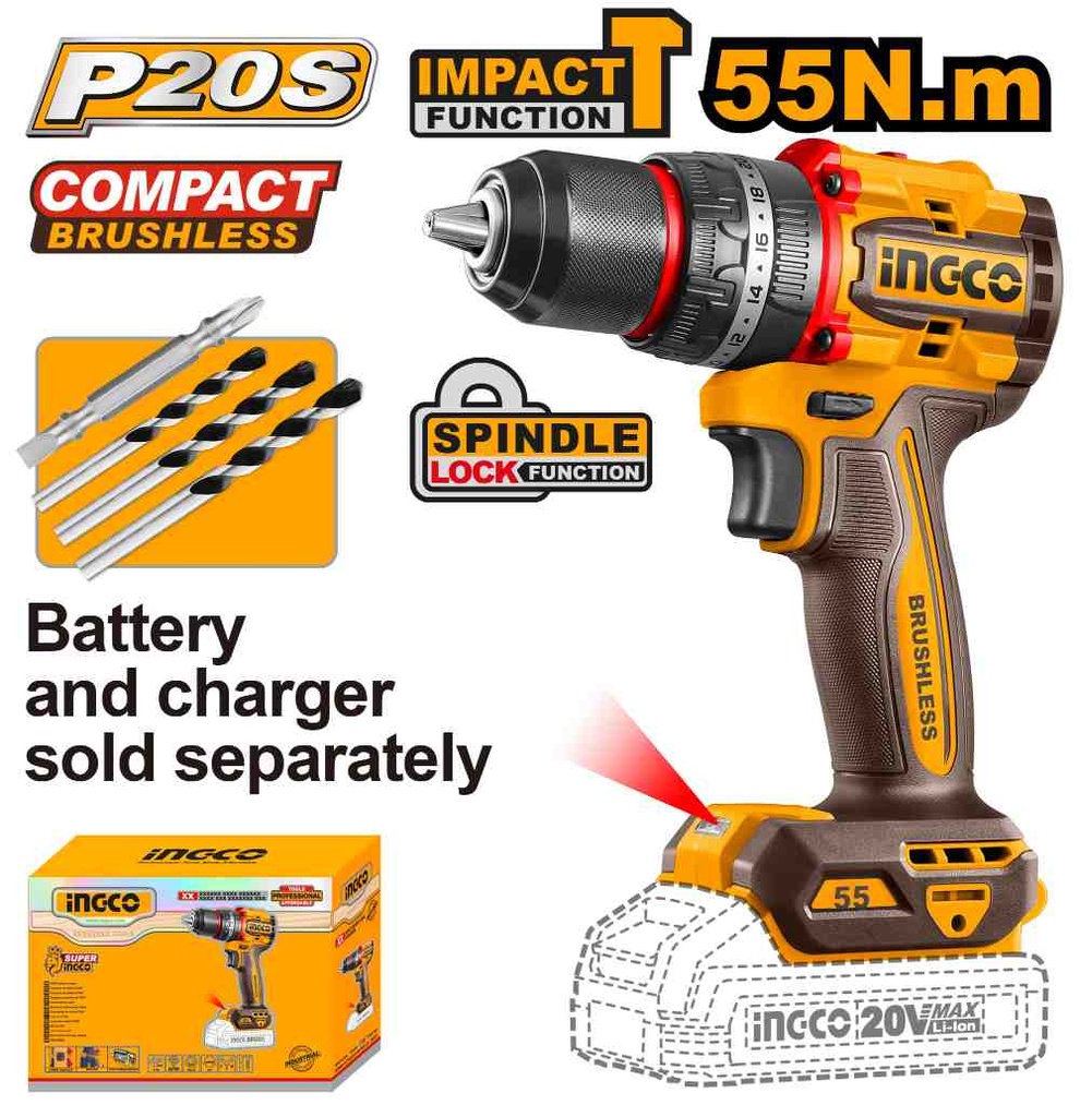 [CIDLI205581] TALADRO 55NM CON PERCUTOR A BATERIA 20V (NO INCLUYE BATERIA NI CARGADOR) INGCO (CIDLI205581)
