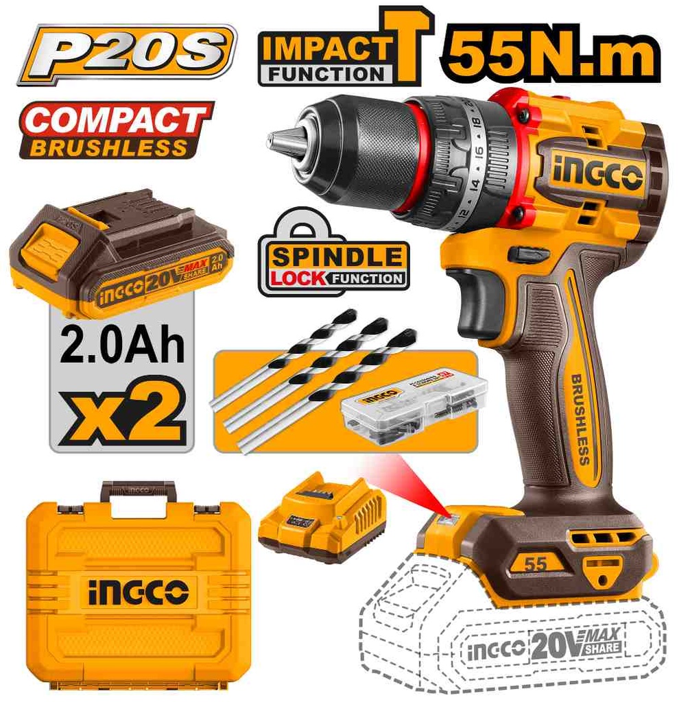 [CIDLI20558-4] TALADRO 55NM CON PERCUTOR A BATERIA 20V KIT CON 2 BATERIAS , CARGADOR Y ACCESORIOS INGCO (CIDLI20558-4)
