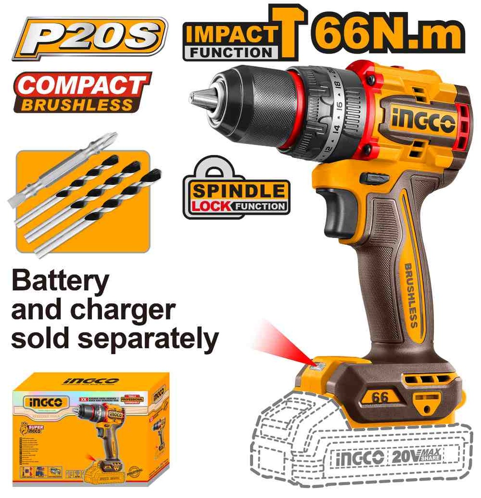 TALADRO CON PERCUTOR 66NM A BATERIA 20V (NO INCLUYE BATERIA NI CARGADOR) INGCO (CIDLI206681)