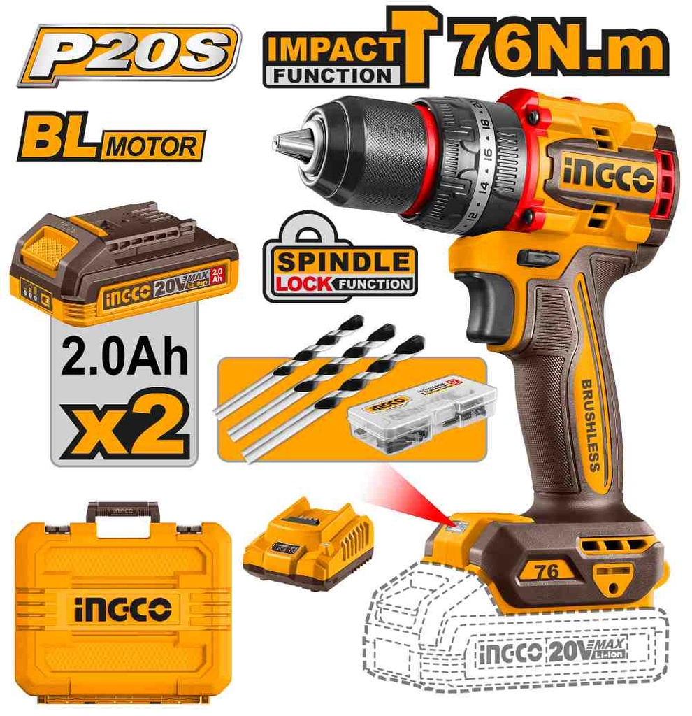 [CIDLI20768-4] TALADRO 76NM CON PERCUTOR A BATERIA 20V KIT CON 2 BATERIAS , CARGADOR Y ACCESORIOS INGCO (CIDLI20768-4)