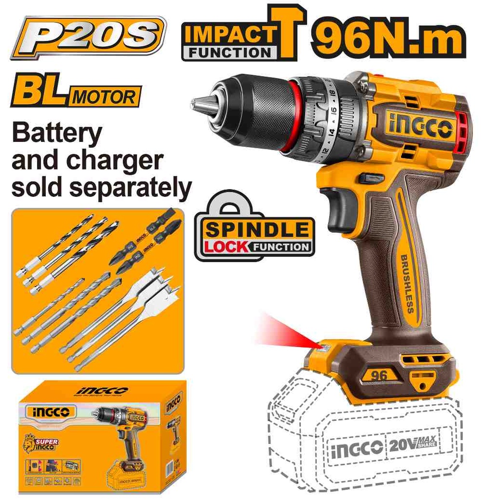 [CIDLI209681] TALADRO 96NM CON PERCUTOR A BATERIA 20V CON ACCESORIOS (NO INCLUYE BATERIA NI CARGADOR) INGCO (CIDLI209681)