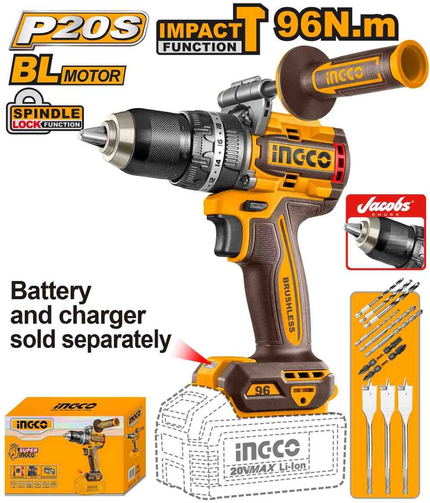 [CIDLI209685] TALADRO 96NM CON PERCUTOR A BATERIA 20V CON MANGO DE AGARRE + ACCESORIOS (NO INCLUYE BATERIA NI CARGADOR) INGCO (CIDLI209685)