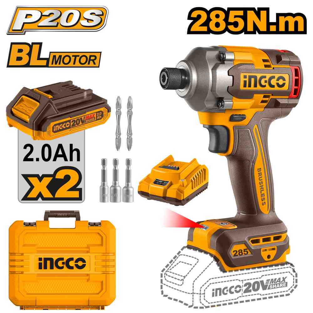 [CIRLI2028-4] ATORNILLADOR DE IMPACTO 20V + KIT CON 2 BATERIAS, CARGADOR Y ACCESORIOS INGCO (CIRLI2028-4)