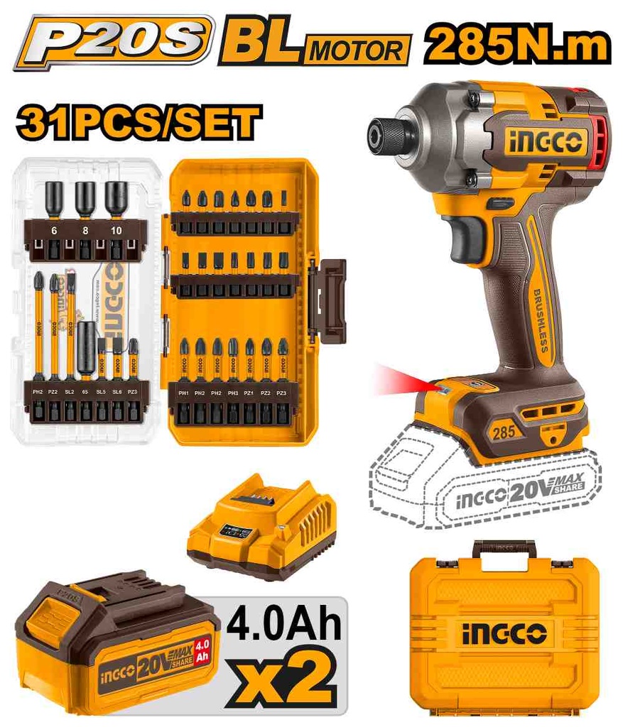 [COSLI240966] ATORNILLADOR DE IMPACTO 20V + KIT CON 2 BATERIAS 4.0, CARGADOR Y PLUS ACCESORIOS INGCO (COSLI240966)
