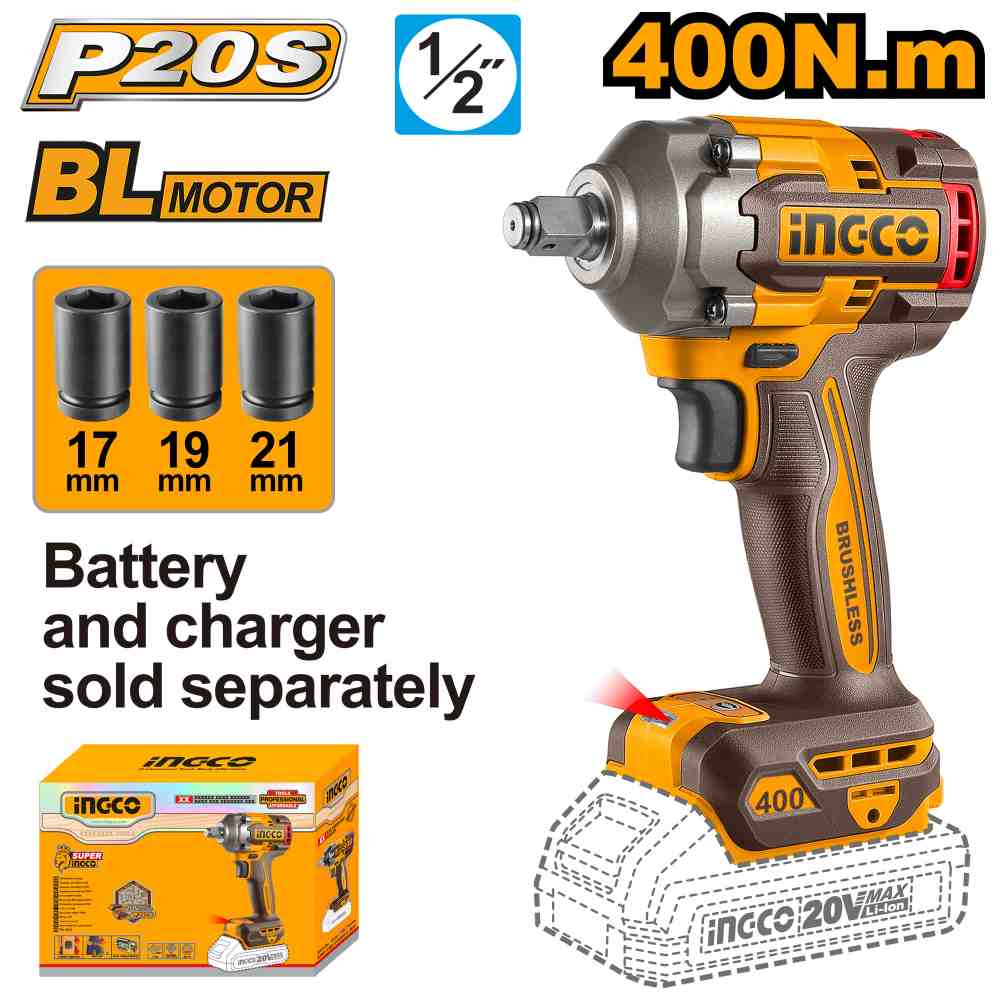 [CIWLI20401] LLAVE DE IMPACTO 400NM 20V (NO INCLUYE BATERIA NI CARGADOR) INGCO (CIWLI20401)