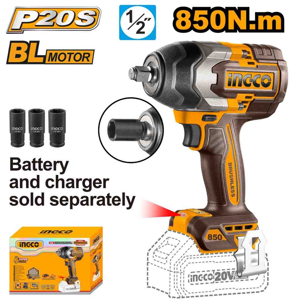 [CIWLI20851] LLAVE DE IMPACTO 850NM 20V (NO INCLUYE BATERIA NI CARGADOR) INGCO (CIWLI20851)