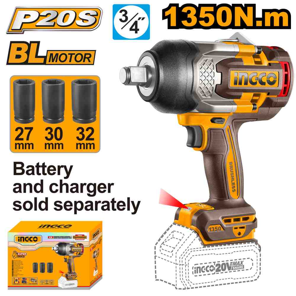 [CIWLI201351] LLAVE DE IMPACTO 1350NM 20V ENCASTRE 3/4" (NO INCLUYE BATERIA NI CARGADOR) INGCO (CIWLI201351)
