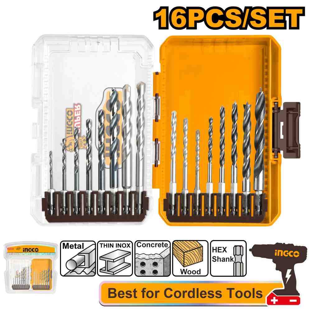 [AKDL11606] 16 PCS JUEGO DE BROCAS PARA METAL, MAMPOSTERÍA Y MADERA INGCO (AKDL11606)