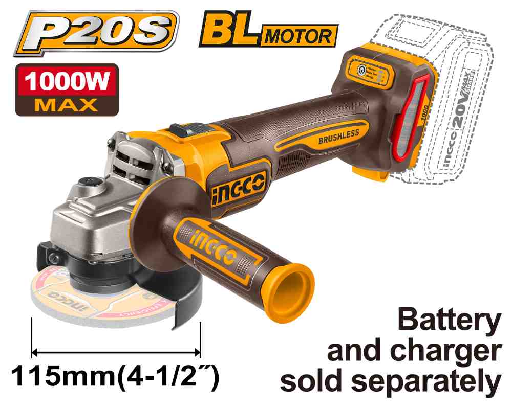 [CAGLI27153] AMOLADORA A BATERIA 20V 1000W (NO INCLUYE BATERIA NI CARGADOR) INGCO (CAGLI27153)