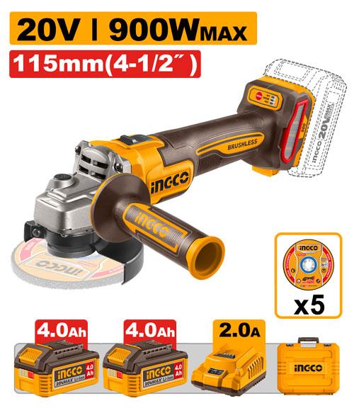 [CAGLI261522-4] AMOLADORA A BATERIA 20V KIT CON CARGADOR, 2 BATERIAS , MALETIN Y ACCESORIOS INGCO (CAGLI261522-4)