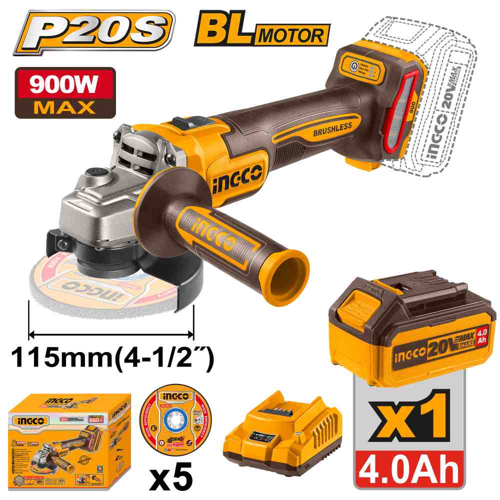 [CAGLI261521-4] AMOLADORA A BATERIA 20V KIT CON CARGADOR, BATERIA Y ACCESORIOS INGCO (CAGLI261521-4)