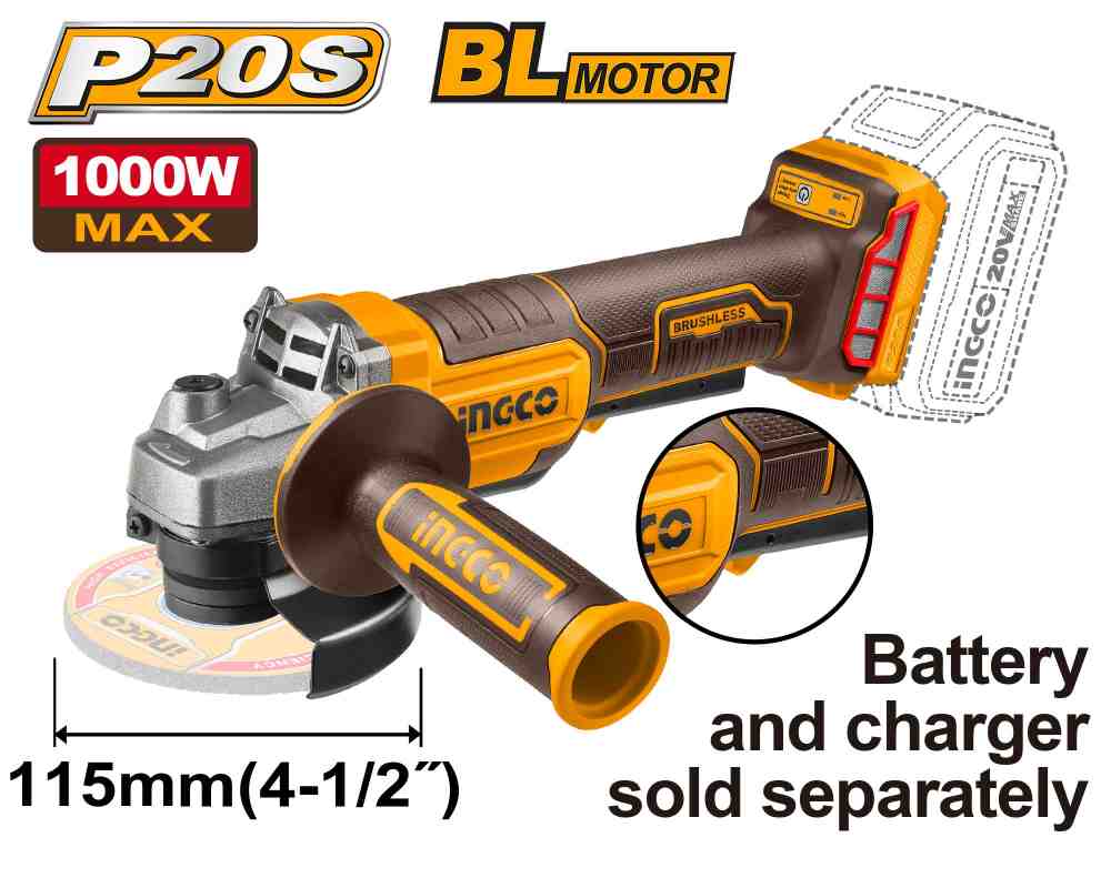 [CAGLI211156] AMOLADORA A BATERIA 20V 1000W (NO INCLUYE BATERIA NI CARGADOR) GATILLO PALETA DE SEGURIDAD INGCO (CAGLI211156)