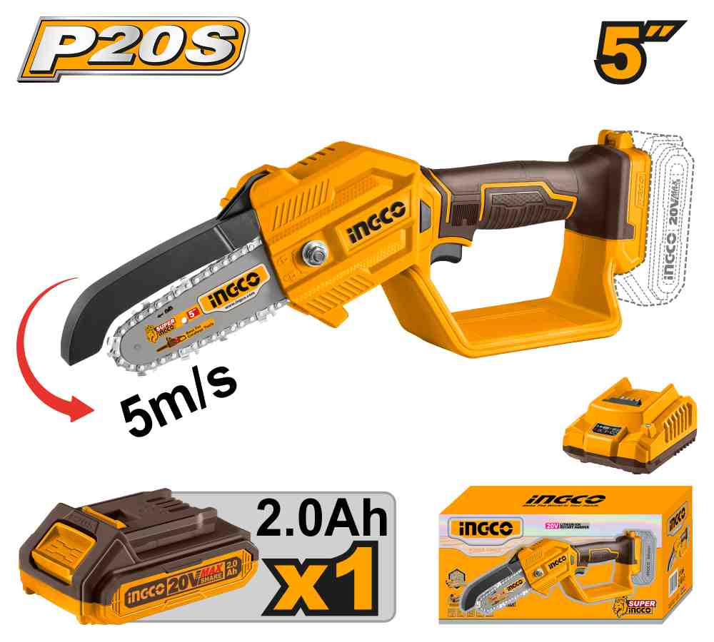 SIERRA PODADORA 20V 5" KIT CON CARGADOR Y BATERIA INGCO (CGSLI20581-4)