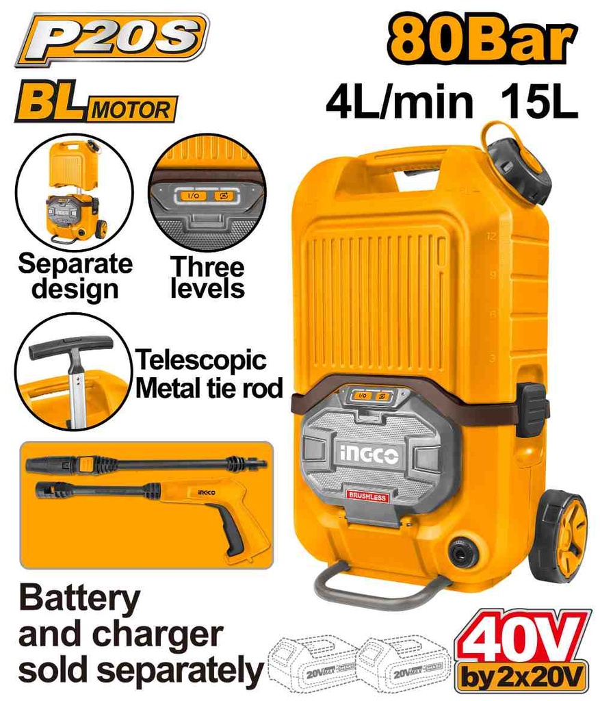 [CPWLI4006] HIDROLAVADORA 40V (NO INCLUYE CARGADOR NI BATERIA) INGCO (CPWLI4006)