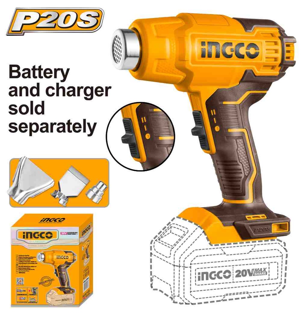 [HGLI2002] PISTOLA DE CALOR 20V (NO INCLUYE CARGADOR NI BATERIA) INGCO (HGLI2002)