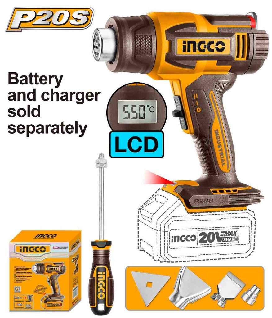 [HGLI2003] PISTOLA DE CALOR 20V CON PANTALLA LCD (NO INCLUYE CARGADOR NI BATERIA) INGCO (HGLI2003)