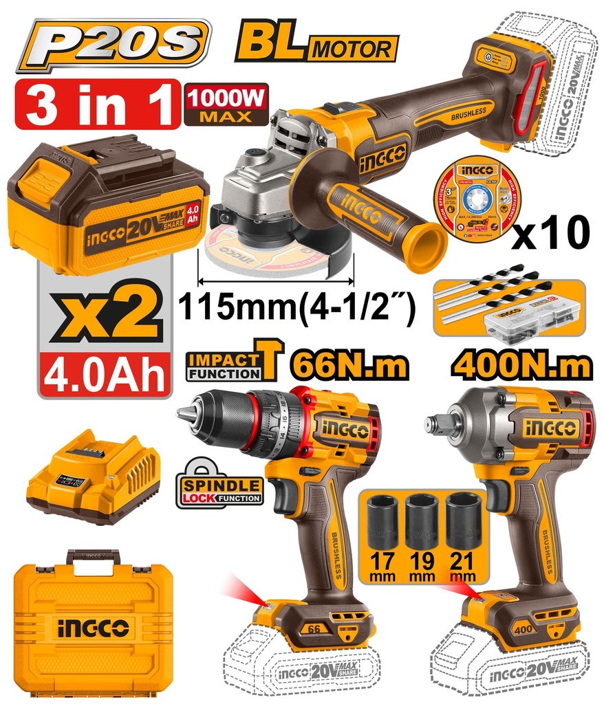 COMBO 3 PIEZAS - LLAVE IMPACTO / AMOLADORA / TALADRO INGCO (COSLI241291-4)