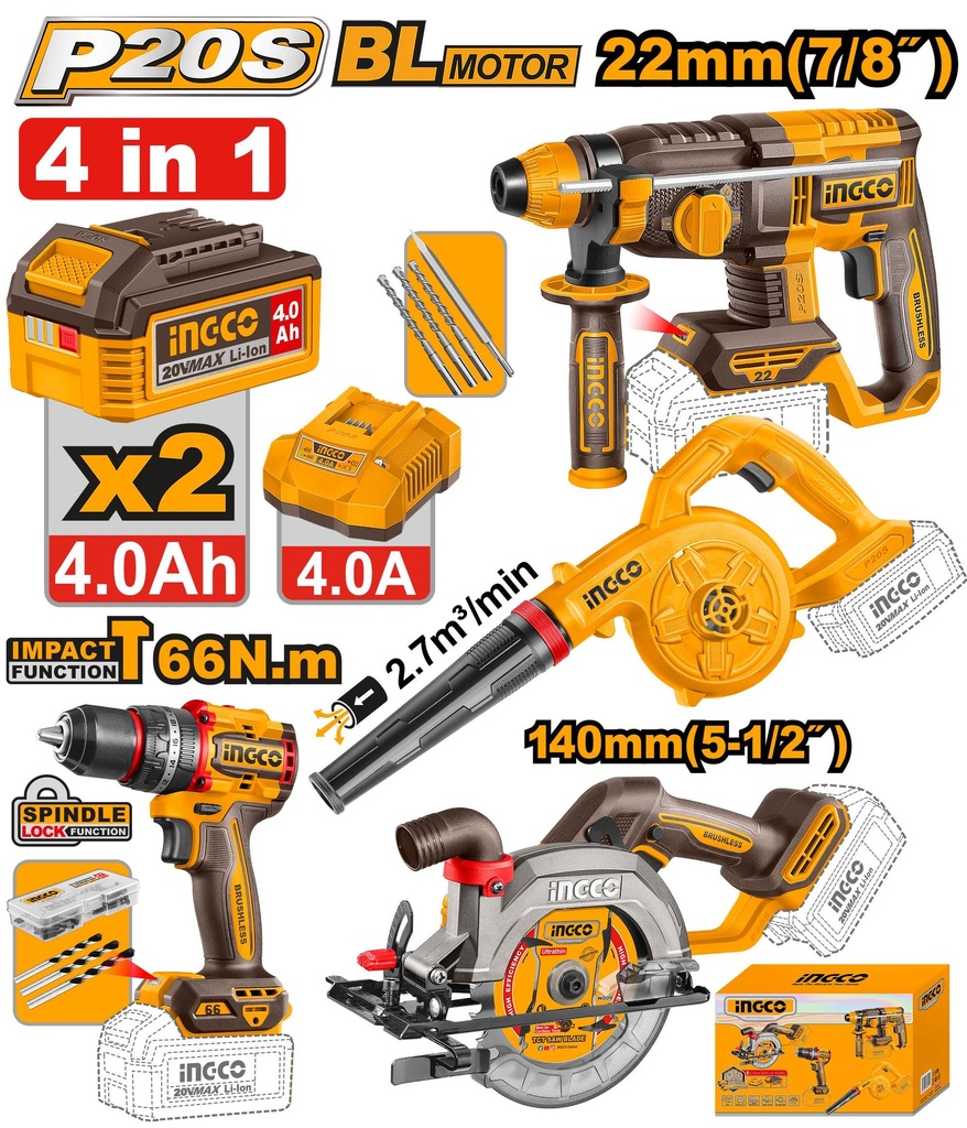COMBO 4 PIEZAS - LLAVE IMPACTO / SIERRA / TALADRO / SOPLADORA / SIERRACIRUCLAR INGCO (COSLI250695-4)