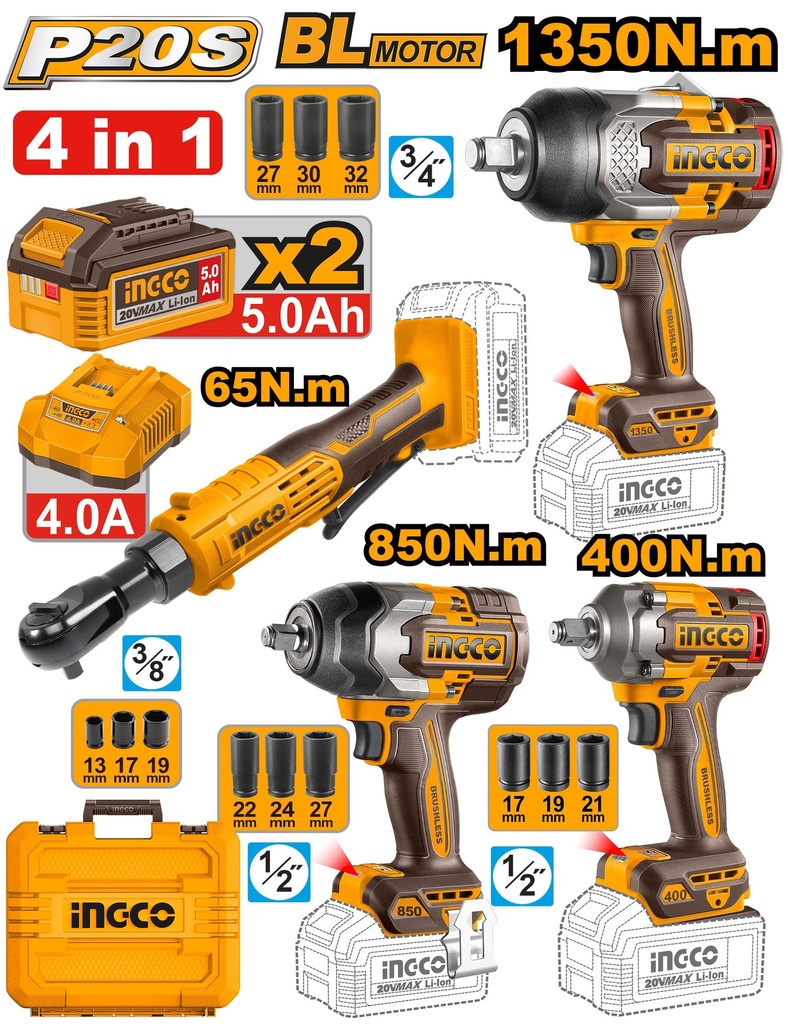COMBO 4 PIEZAS - LLAVE IMPACTO X3 / LLAVE CRIQET INGCO (COSLI250783-4)