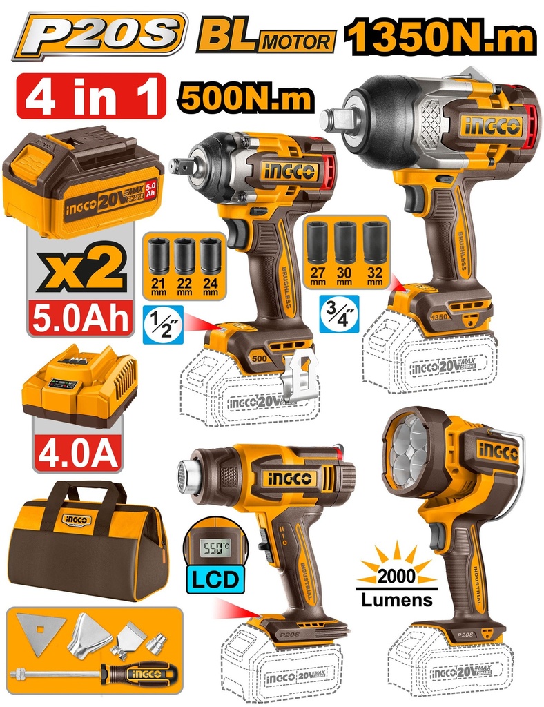 COMBO 4 PIEZAS - LAMPARA / TALADRO / LLAVE IMPACTO / PISTOLA CALOR INGCO (COSLI241293-4)