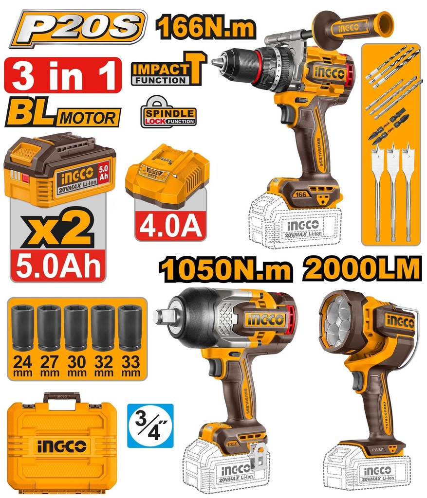 [COSLI250882-4] COMBO 3 PIEZAS - LAMPARA / TALADRO / LLAVE IMPACTO INGCO (COSLI250882-4)
