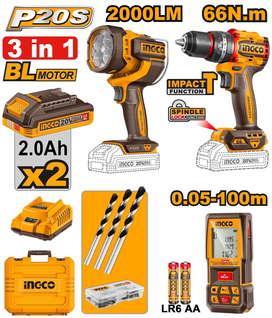 [COSLI250885-4] COMBO 3 PIEZAS - LAMPARA / TALADRO / MEDIDOR DISTANCIA INGCO (COSLI250885-4)