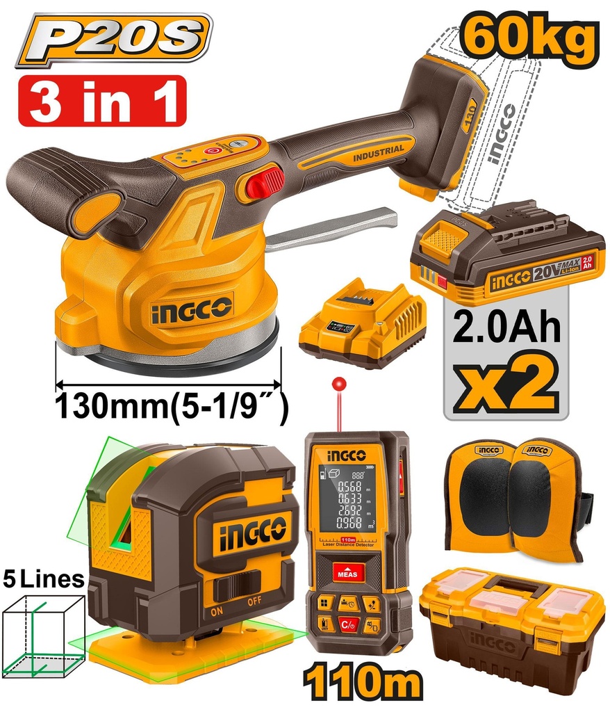 [COSLI260106-4] COMBO 3 PIEZAS - VIBRADORA / NIVEL LASER / MEDIDOR DISTANCIA / RODILLERA / CAJA PLASTICA INGCO (COSLI260106-4)