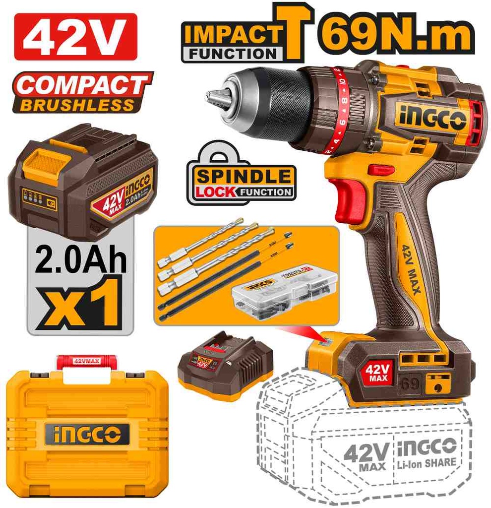 [CIDLI426981-4] TALADRO PERCUTOR 69 NM 42V KIT CON 1 BATERIA, CARGADOR Y ACCESORIOS INGCO (CIDLI426981-4)