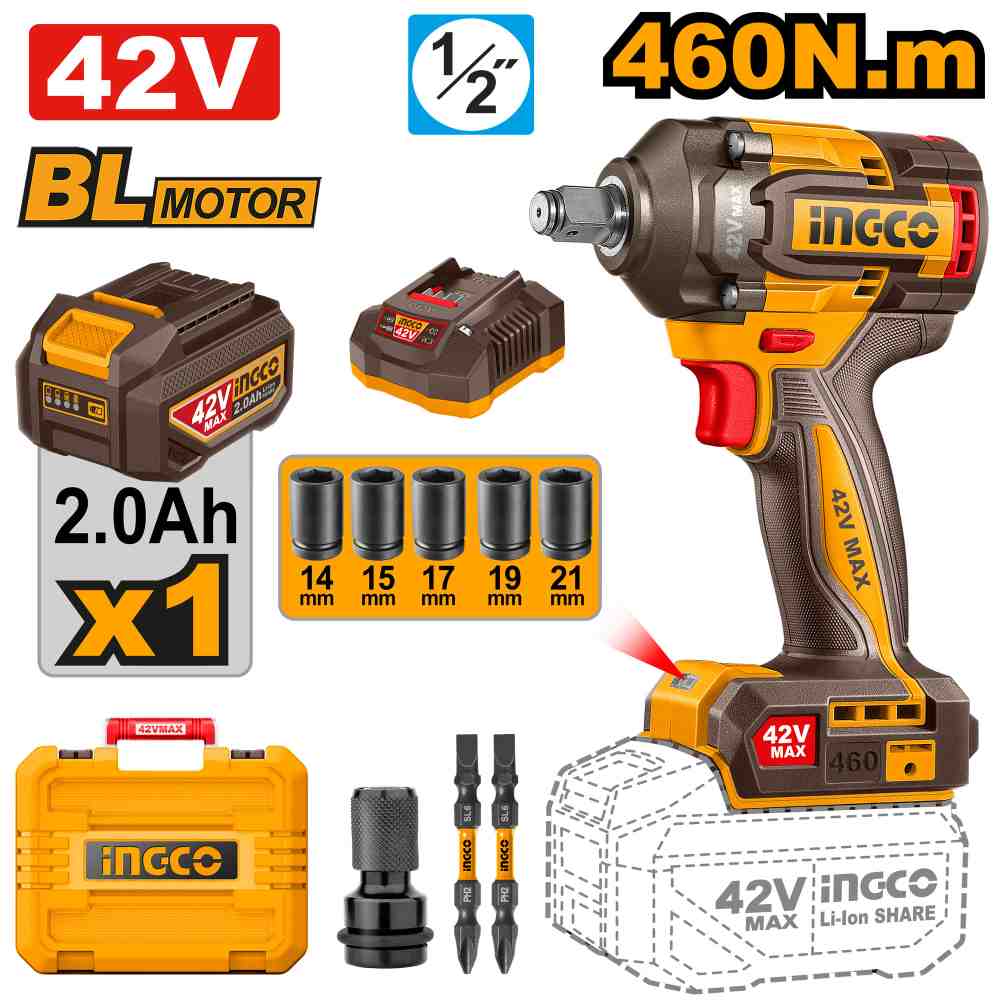 [CIWLI42461-4] LLAVE DE IMPACTO 460 NM 42V KIT CON 1 BATERIA, CARGADOR Y ACCESORIOS INGCO (CIWLI42461-4)