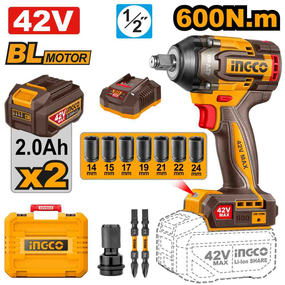 [CIWLI42602-4] LLAVE DE IMPACTO 600 NM 42V KIT CON 2 BATERIAS, CARGADOR Y ACCESORIOS INGCO (CIWLI42602-4)