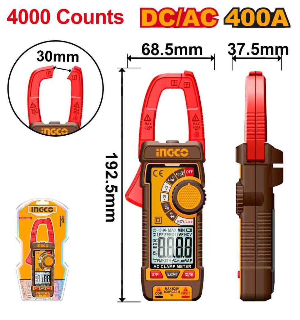PINZA AMPEROMETRICA DC/AC 400 A INGCO (DCM62002)